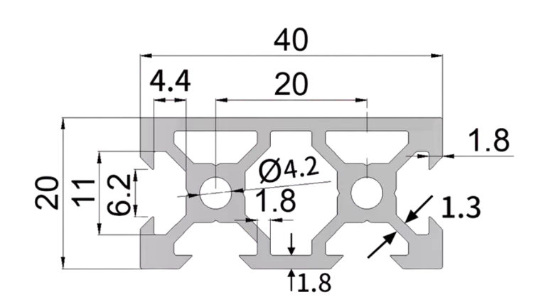 V-Slot 2040 closed 1 side drawing